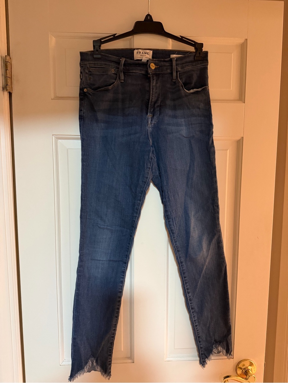 Frame Denim High-Rise Raw Hem Skinny Jeans - Dark Blue